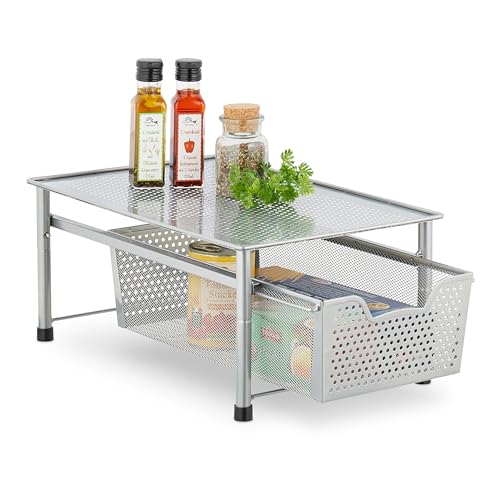 Relaxdays Cassettiera con cestello Estraibile Scaffale Portaspezie con Cassetto, Organizer da Tavolo da Cucina o Scrivania Ufficio, 19x28x42,5 cm, Argentato, Acciaio, 19 x 28 x 42.5 cm