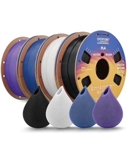 OVERTURE 4KG Bundle High Speed PLA Filament 1.75mm, Neatly Wound 3D Printer Filament 4 Pack 1kg Spool (2.2lbs) Rapid PLA, Fit Most FDM 3D Printers (Black+White+Blue+Purple)