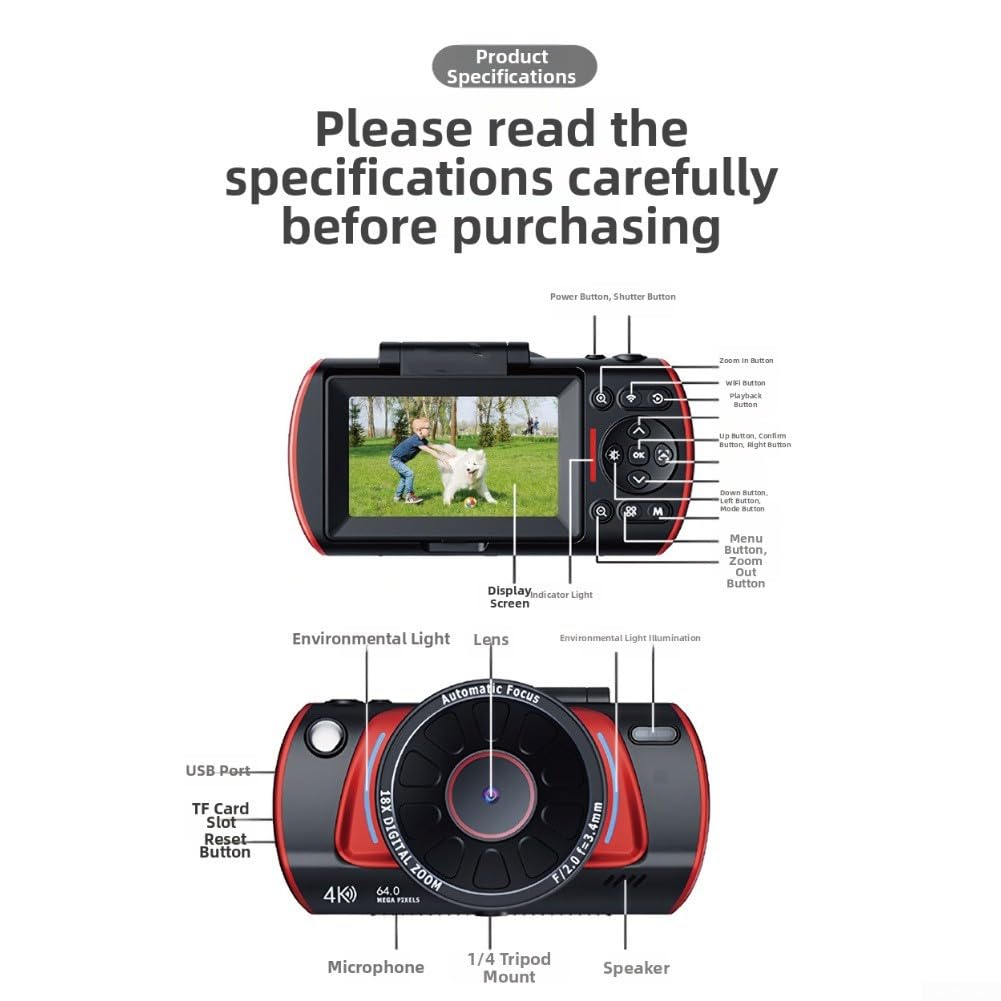 Fotocamera digitale 4K con schermo flip a 180°, WiFi abilitato, risoluzione immagine 64 MP, zoom 18x, corpo compatto in ABS per studenti di viaggio Vlogging, nero (nero)