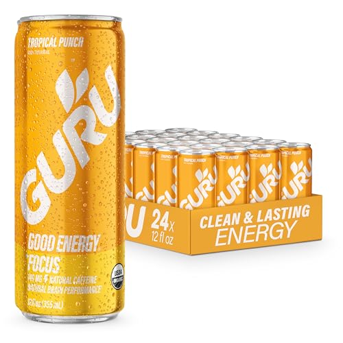 Image of GURU Energy Drink, Tropical Punch Organic Sparkling Energy Drink with Real Fruit Juice + L Theanine, 140 MG Natural Caffeine for Workouts, Performance & Midday Boost, Plant Based, Gluten Free, 12 Fl Oz, 24 Pack