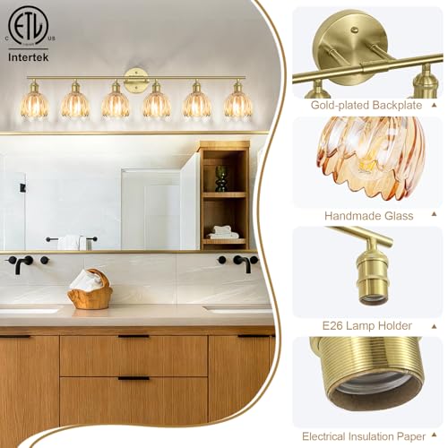 Image of Vintage Bathroom Light fixtures, Gold Vanity Lights, ETL Certified