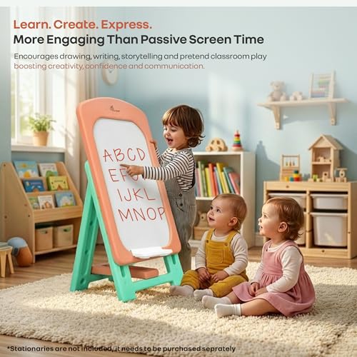 Image of R for Rabbit Little Genius Doodle Whiteboard for Kids Drawing Activity Board Rounded Corner Design Foldable 7-Level Adjustable Height & Handy Storage Tray for 3-7 Years Kids (Peach Green)