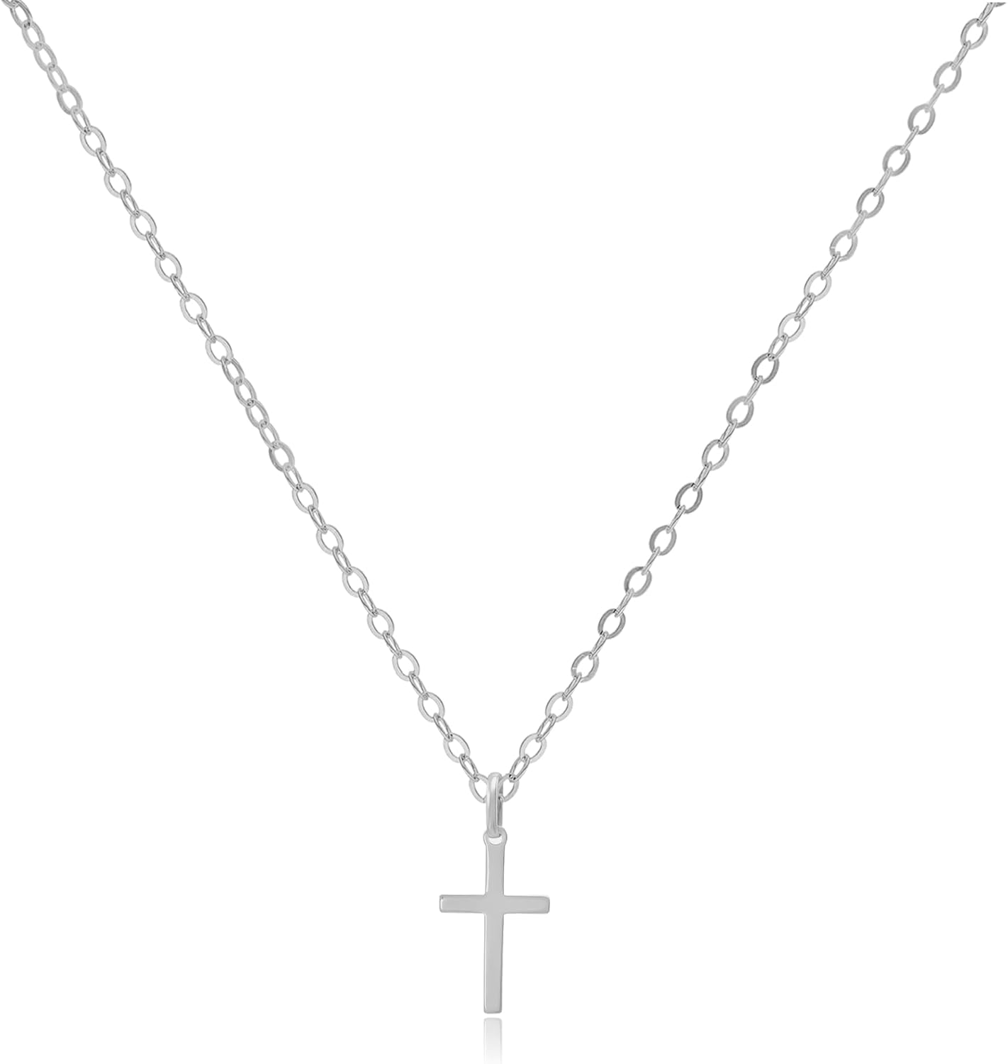 Gold Cross Necklaces for Women | 1 cm 925 Sterling Silver Cross Pendant on Cross Chain | Hypoallergenic | Dainty and Minimalist | Rhinestones (No rhinestone)