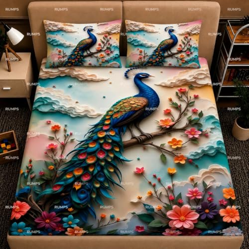 Image of RUMPS 7D HD Digital Printed Peacock King Size Bedsheet with 2 Pillow Covers | Premium Floral Peacock Designer Bedding Set | Luxury Bedroom Decor Collection | Size 90x100 Inches