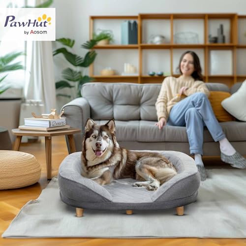 PawHut Hundesofa Hundecouch, Waschbarer Bezug, Haustiersofa mit Rückenlehne und Holzbeine, Katzensofa, Hundbett für mittelgroße Hunde unter 25 kg, 90cm x 78cm x 25cm, Grau