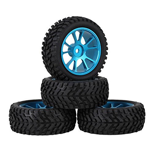 Mxfans Black 75mm Dia Beard Pattern Rubber Tyre & Blue Aluminum Alloy 10-Spoke Wheel Rims with 12mm Hex for RC 1:10 On Road Car Pack of 4