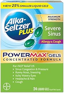 ALKA-SELTZER PLUS Maximum Strength PowerMax Allergy and Cough Medicine, Liquid Gels for Adults with Pain Reliever, Fever Reducer, Cough Suppressant, Antihistamine, Nasal Decongestant, 24 Count