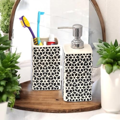 Image of Hand-Painted Ceramic Bathroom Accessories Set of 2 | 300ml Liquid Soap Dispenser & Toothbrush Holder | Rust-Proof Bathroom Organizer for Home & Wash Basin Decor | Black & White