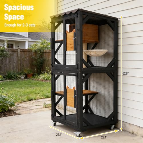Image of 62.8'' Cat Catio Enclosure, Multi-Level Cat Cage with Jumping Platforms, Sisal Scratching Post & Weatherproof Roof Cover, Solid Fir Wood Cat House for Indoor Outdoor Use, Brown (Fits 2-3 Cats)