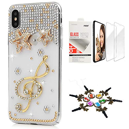 STENES iPhone X/iPhone Xs Case - Stylish - 3D Handmade [Sparkle Series] Bling Music Star Design Cover Compatible with iPhone X/iPhone Xs with Screen Protector [2 Pack] - Champagne