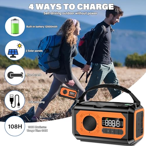 44400mWh/12000mAh Emergency Weather Radio, Hand Crank Radio Solar Radio Portable AM/FM/NOAA Radio with 2 Solar Panels 3 Charging Methods SOS Alarm 3 Mode Flashlight Phone Charger Compass Reading Lamp - Image 4