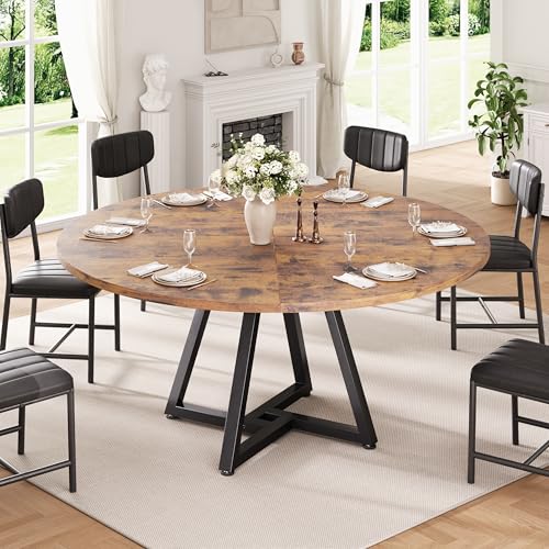 51“ Round Kitchen Dining Room Table for 6-8, Circle Dining Dinner Table with Pedestal Metal Frame, Space Saving Wood Industrial Furniture for Small Space (Rustic Brown, 51In) - Image 4