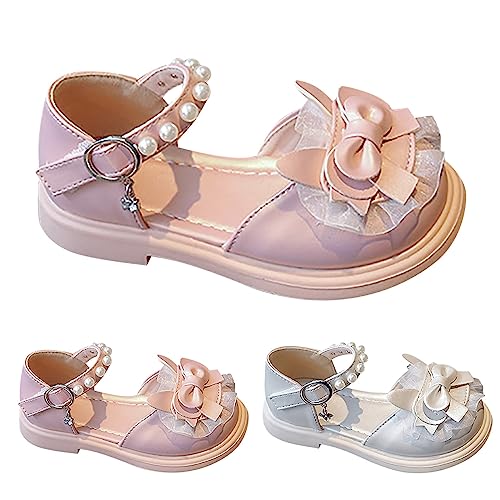 Girls' Summer Closed Toe Soft Bottom Bow Lace Princess Shoes Pearl Lace Up Wedding Flower (Pink, 9.5 Little Child)2