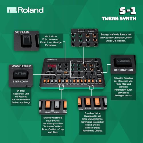 Roland AIRA Compact S-1 Tweak Synth | Ultraportabler Mikro-Polysynthesizer mit modernen Werkzeugen | D-Motion Soundsteuerung | 4,5 Stunden kabelloser Akkubetrieb | leicht & robust