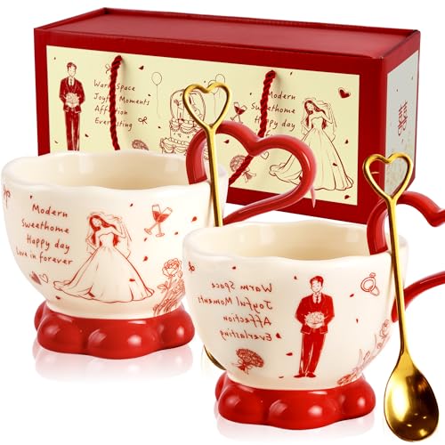 Lengba Mr and Mrs Coffee Mugs Set - 13Oz Heart-Shandle Red Couple Mugs for Wedding Engagement, His...