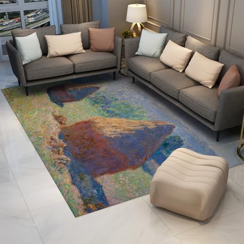 Tapis Bleu et Ocre Monet 120x180 cm lavable antidérapant pour salon chic - 3