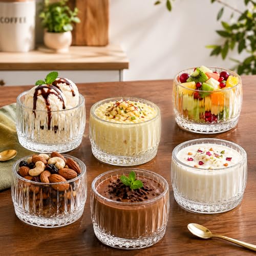 Image of Glassbunny 140ML Embossed Glass Dessert Bowls Set of 6 | Crystal Clear Transparent Glass Bowls for Ice Cream, Pudding, Fruit Salad, Dry Fruits & Snacks | Premium Ribbed Design