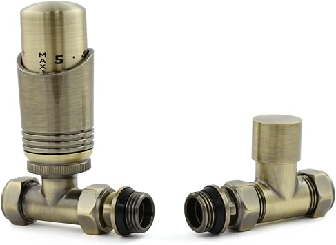 Antique Brass Cascade Straight Modern TRV Thermostatic Radiator Valve Pair Includes TRV Body & One Lock Shield for Quick & Easy Temperature Control. Perfect for Energy Saving.