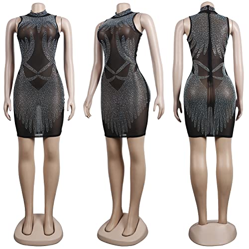 Image of PORRCEY Women's Sexy Rhinestone Lace Sheer Mesh Formal Evening Dress