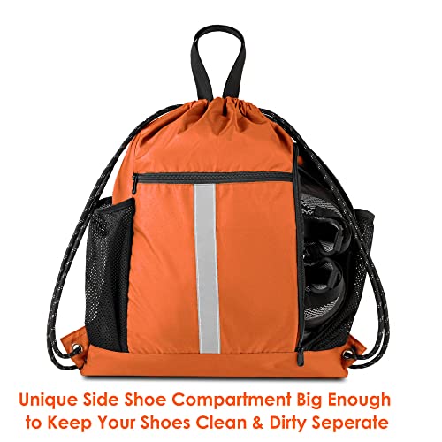 Image of BeeGreen Orange Drawstring Backpack Bag Cinch Sack with Shoe Compartment and Two Side Mesh Pockets Lightweight Large Sturdy Drawstring Gym Sackpack For Unisex
