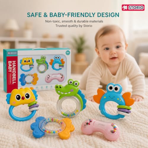 Image of Storio Baby Rattle Set | Newborn Rattle Gift Set for Boys & Girls | Safe & Colorful Infant Toys for Early Learning & Sensory Play | Ideal Gift Pack for 0-12 Months Babies