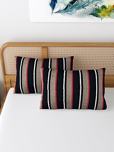 Image of Varde 180 TC Pillow Cover Set of 2 | Pillow Cover Cotton 100% | Pillow Cover Set of 2 King Size | Wrinkle Free & Fade Resistance | Striped Pattern | Standard Size | All Season Use (Black & Grey)
