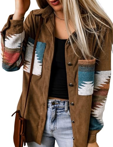 Perbai Womens Corduroy Flannel Shirt Long Sleeve Button Down Aztec Loose Shacket Jacket with Pockets