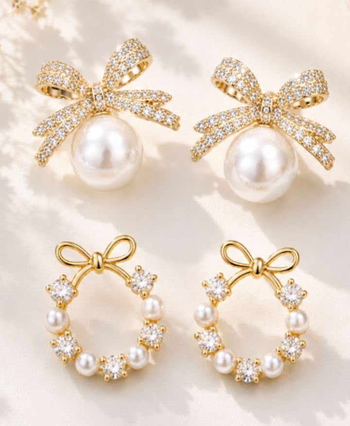 Image of Korean Style Fashion Earrings Set, Pearl and Crystal Bow Design, Women's Jewellery Accessories, 2 Pairs