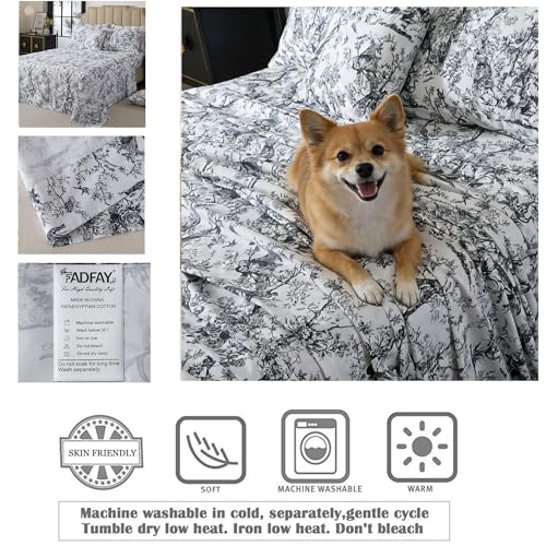 Image of FADFAY Bird Sheets Set Full 100% Egyptian Cotton Black and White Toile de Jouy Bedding Vintage Rose Floral Farmhouse Bedding Shabby Chinoiserie French Country Sheets Deep Pocket Soft Breathable 4Pcs