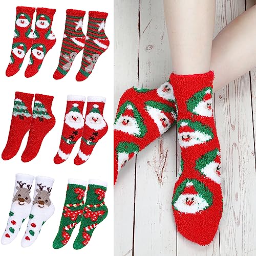 Image of Whaline Christmas Fuzzy Socks for Women Girls Gifts Plush Slipper Socks Elk Snowman Gingerbread Man Santa Claus Pattern Soft Socks Xmas Red Green White Warm Socks, 6Pairs