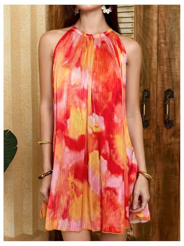 Image of SHENHE Women's Halter Dress Low Backless Tropical Tie Dye Floral Summer Beach Vacation Dresses Sundress