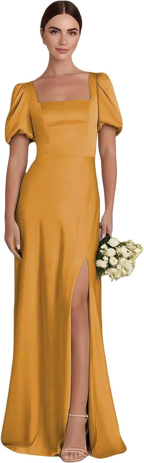 ForElise Satin Bridesmaid Dresses for Wedding Square Neck Puff Sleeve Formal Dresses for Women