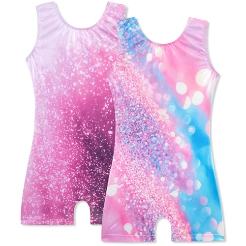 Consejos para Comprar Ropa de Gimnasia - solo los mejores. 50 HOZIY - Paquete de 2 leotardos de gimnasia para niñas y niños pequeños, trajes de baile con pantalones cortos, ropa de ciclismo, Glitter and Rainbow, 6-7 Años
