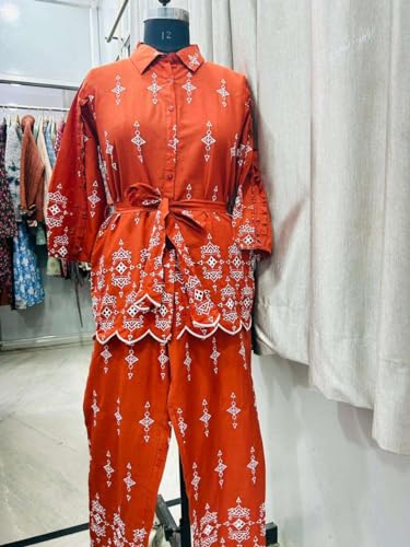 Image of Pure Cotton Fully Embroidered Work Rust Schiffli Co-Ord Set | Belt Having Embroidery | Co-Ord Set For Women & Girls