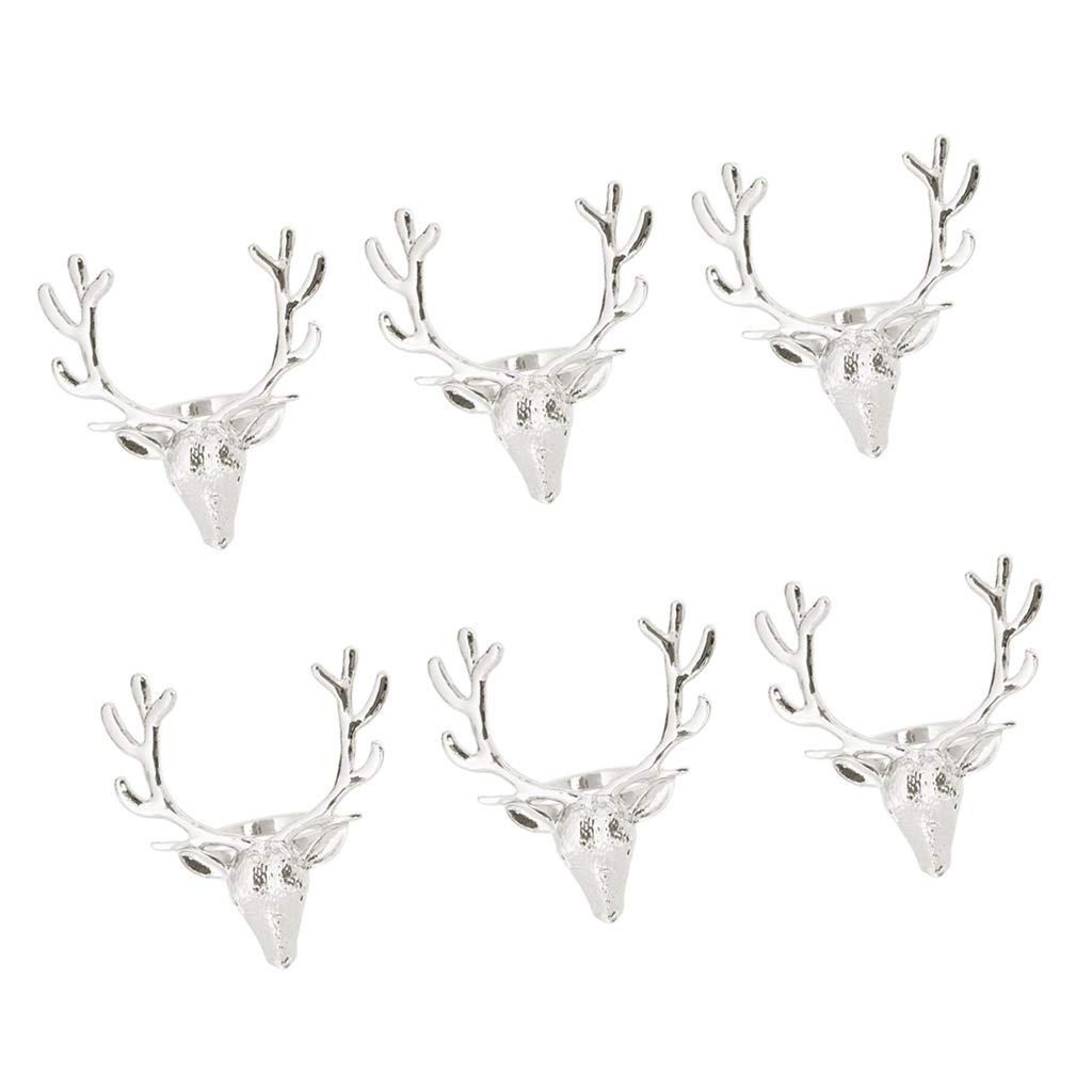 F Fityle 6 Serviettenringe Silber Gold Hirschkopf Geweih Serviettenhalter Weihnachten Bankett Abendessen Dekor, Silber
