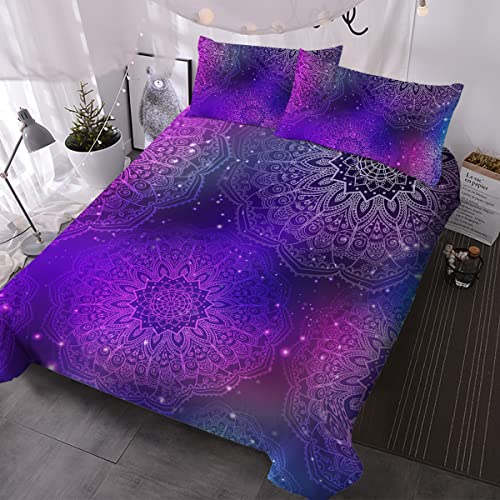 BlessLiving Mandala Glitter Duvet Cover Pink Purple Blue 3 Pcs Boho Bedding Set for Kids Girls Adults Women Bohemian Girly Duvet Cover (King)