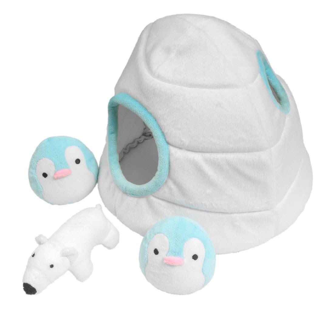 Hide & Seek Dog Toys for Boredom, Festive Igloo Interactive Plush Puzzle Brain Training Dog IQ Toy with 3 Squeak Toys