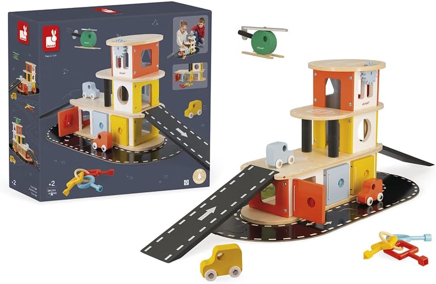Janod - Bolid Solid Wood Garage - 3 Cars & 1 Helicopter Included - Key Box Function - Imagination & Fine Motor Skills - Water-Based Paints - 2 Years + J04636, Brown