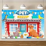 AOFOTO 5x3ft Pet Shop Backdrop Cartoon Pets Store Theme Puppy Dog Cat Birds Blue Paw Prints Animal Party Photography Background Banner Baby Shower Birthday Cake Table Decoration Photo Booth Props