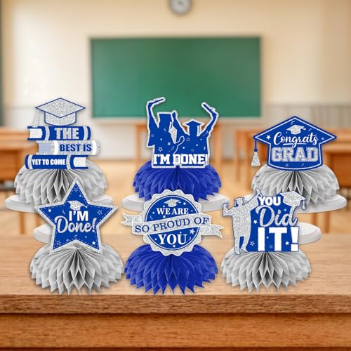 Image of 12pcs Graduation Table Decorations 2026,Silver and Blue Graduation Decorations 2026 Graduation Centerpieces for Tables,Class of 2026 Centerpieces Honeycomb for Congrats Grad Table Decor