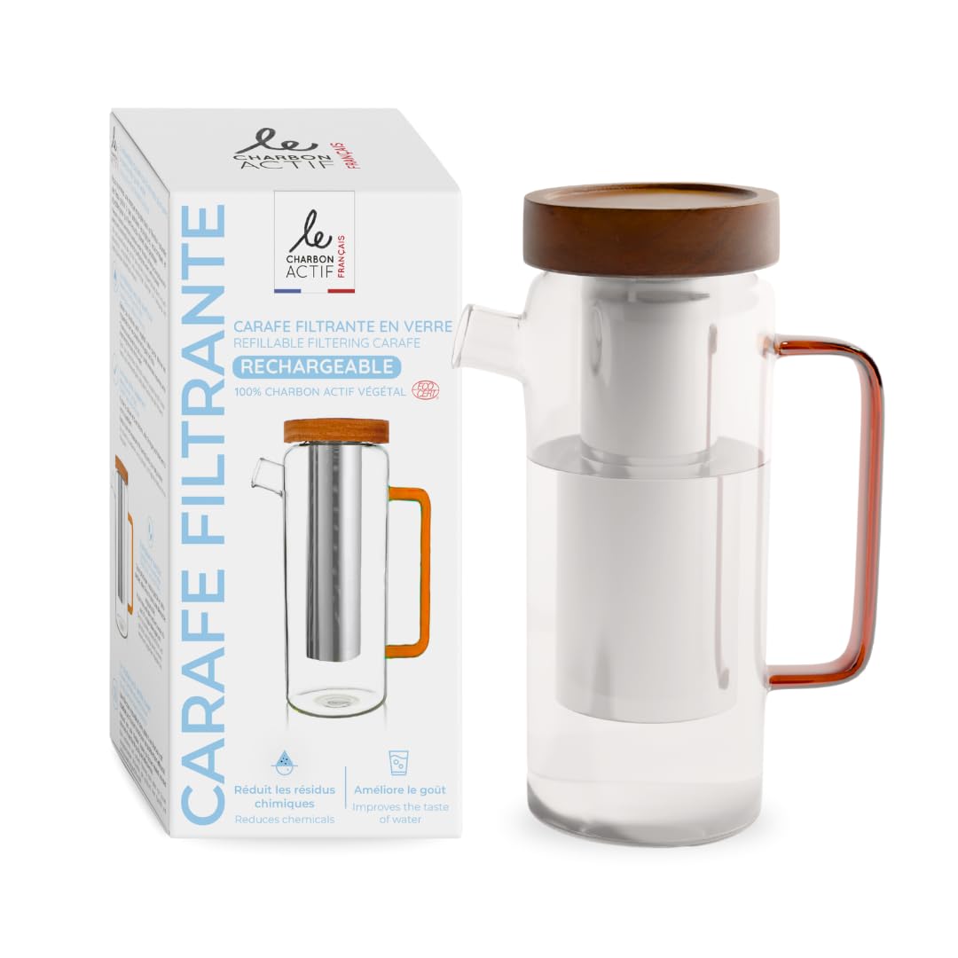 Carafe filtrante en verre 1,5L + 1 cartouche filtrante incluse – Filtre inox rechargeable à l’infini - Purifie l’eau du robinet (chlore, pesticides, PFAS) - sans BPA