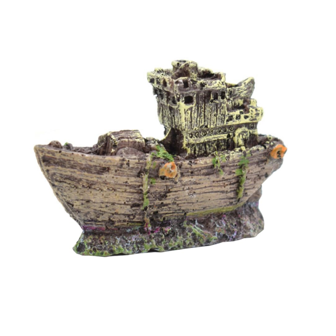 Otbushit Wreck Fishing Aquarium Décor Mini Rustic Vintage Shipwreck, Eco-Friendly Resin Fish Tank Boat Ornament