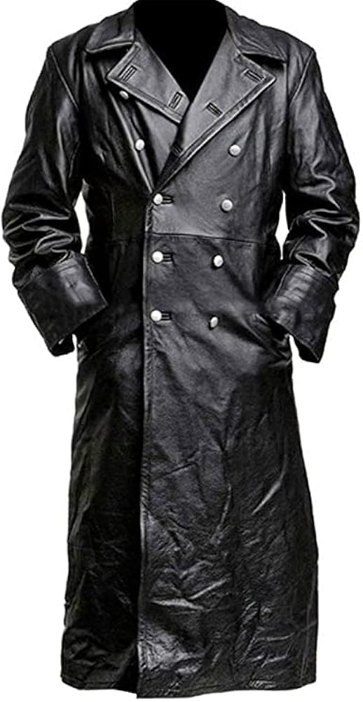 Men Classic Officer Military Black Leather German Long