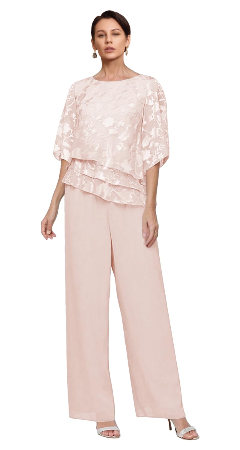 Mother of The Bride Pantsuits for Women Scoop Neck Chiffon Grandmother of The Bride Pantsuit with Sleeves