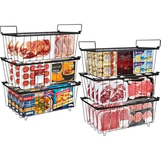 UHAPEER 6 Pack Stackable Chest Freezer Storage Baskets: 2.8mm Durable Metal Wire Organizers with Fold-Down Handle - Perfect for 198L Chest Freezers - Kitchen Frozen Goods Sort - Black - (37x18x14.5cm)