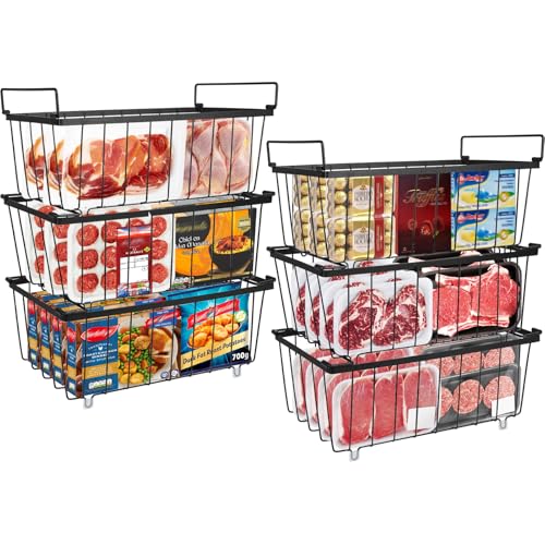 UHAPEER Organisateur de congélateur lot de 6 : Paniers de congélateur empilables avec poignées – Fil d'acier 2,8 mm, fond antidérapant et congélation...
