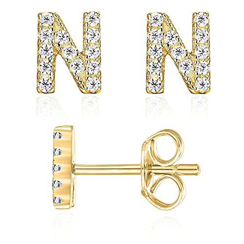 Initial Stud Earrings for Girls, 14K Gold Plated Sterling Silver Alphabet Letter Earrings, Cubic Zirconia Stud Earrings, Hypoallergenic Earrings for Women Baby Girl Teen Girl Gifts