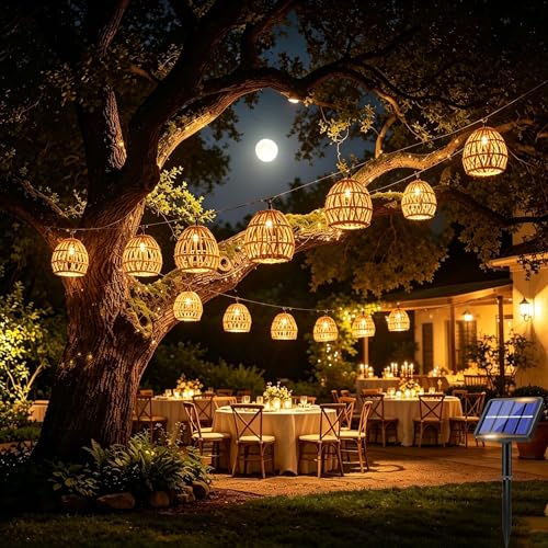 Shengruil Guirlande Lumineuse Exterieure Solaire 10 LED,Guirlande Solaire Exterieur,En Rotin LED Blanc Chaud,Pour balcon, jardin, extérieur