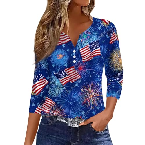 Image of 4th of July Shirts Women 3 /4 Length Sleeve Womens Tops Henley Neck Casual Patriotic T Shirts