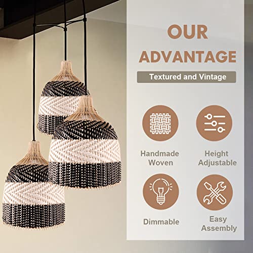 Littleglovo Rattan Pendant Light, Handmade Woven Pendant Light Fixtures for Kitchen Island, Bamboo Hanging Ceiling Light, Wicker Chandelier for Living Room Bedroom - 15.7" x 11.8" (Bulb Not Included) - Image 4